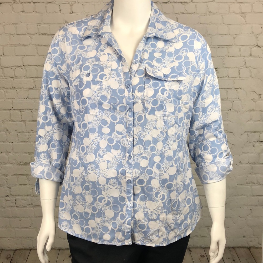 NY Collection Blue & White Button Down Top Plus 1X - Picture 2 of 6